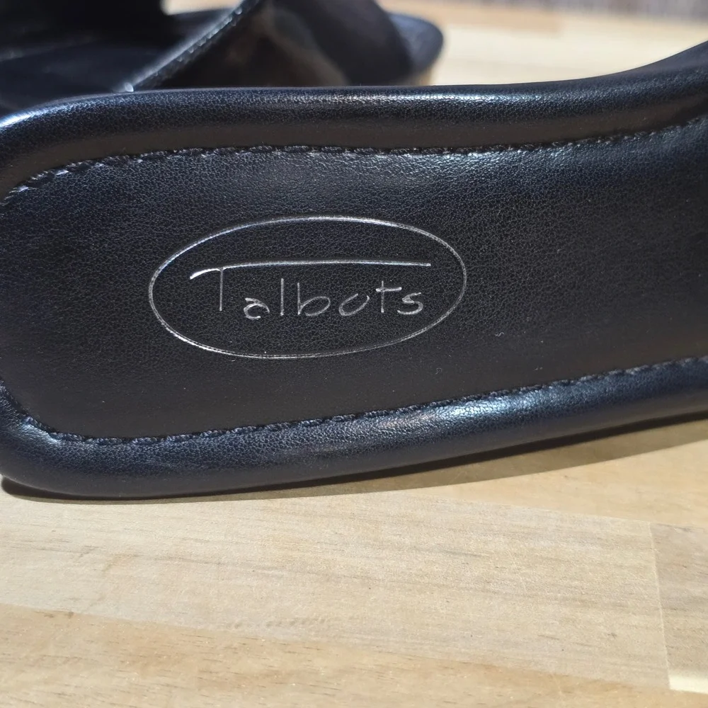 Talbots Black Leather Cork Wedge Sandals Open Toe Slide Shoes Women's 9.5B Black